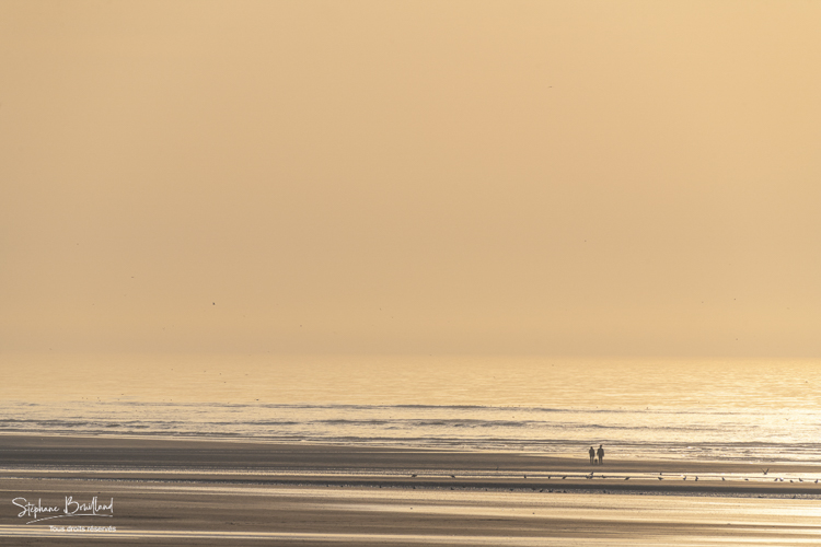 Promeneurs sur la plage de la Mollière d'Aval au soleil couchant.