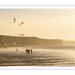 Equipe de cervolistes qui s'entraine au vol de cerf-volant synchronisé sur la plage de Ault près des falaises.