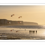 Equipe de cervolistes qui s'entraine au vol de cerf-volant synchronisé sur la plage de Ault près des falaises.