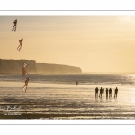 Equipe de cervolistes qui s'entraine au vol de cerf-volant synchronisé sur la plage de Ault près des falaises.