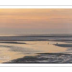 Crépuscule depuis le panorama sur la baie de Somme au Crotoy et pêcheurs de crevettes au haveneau