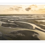 France, Somme (80), Baie de Somme, Le Crotoy, Les méandres des rieux dans la baie à marée basse au soleil couchant (vue aérienne) // France, Somme (80), Baie de Somme, Le Crotoy, The meanders of the Rieux in the bay at low tide at sunset (aerial view)