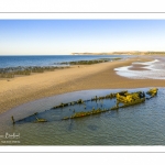 France, Pas-de-Calais (62), côte d'Opale, Grand site des deux caps, La plage de Tardinghen avec ses bouchots pour la culture des moules, le cap blanc-nez en arrière plan et l’épave du Lord Grey, ce chalutier britannique, long de 37 mètres, réquisitionné en 1915 par la Royal Navy et transformé en démineur, qui a sombré le 2 décembre 1917 lors d'une tempête  (Vue aérienne)// France, Pas-de-Calais (62), Opal Coast, Great site of the two capes, Tardinghen beach with its bouchots for mussel farming, the Cap Blanc-Nez in the background and the wreck of the Lord Grey, this 37-meter long British trawler, requisitioned in 1915 by the Royal Navy and transformed into a mine-clearer, which sank on December 2, 1917 during a storm (aerial view)