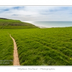 Promenade au sommet des falaises, entre Mers-les-bains et Le Bois de Cise en suivant le chemin de randonnÃ©e.  Saison : Printemps - Lieu : Mers-les-bains / Bois de Cise, Somme, CÃ´te Picarde, Picardie, France.