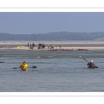 France, Somme (80), Baie de Somme, Le Hourdel, Pirogues indonésienne et canoé-kayak lors des grandes marées; les embarcations viennent attendre le flot et le mascaret à l'entrée de la baie et remontent ensuite aidées du fort courant, parfois accompagnés des phoques; certains échoue leur embarcation sur les bancs de sable pour regarder passer les oiseaux délogés par la marée // France, Somme (80), Bay of the Somme, Le Hourdel, Indonesian canoes and canoe-kayak during high tides; the boats come to wait for the flow and the tidal bore at the entrance of the bay and then go up helped by the strong current, sometimes accompanied by the seals; some fail their boat on the sandbanks to watch the birds dislodged by the tide