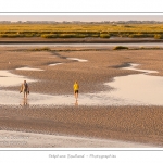 Un couple de touristes traverse la slikke pour aller se promener dans les molliÃ¨res - Saison : Ã©tÃ© - Lieu : Saint-Valery-sur-Somme, Baie de Somme, Somme, Picardie, France